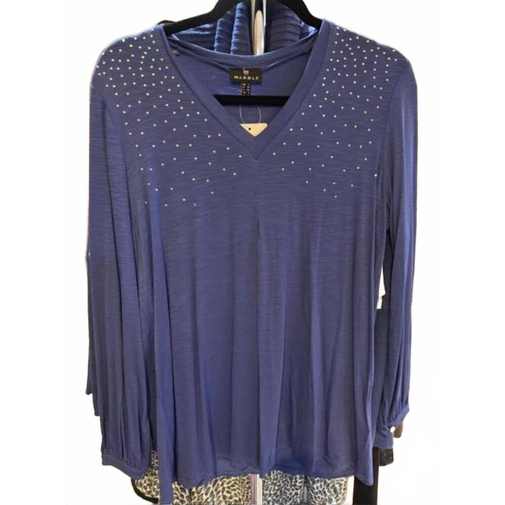 NEW MARBLE women's relaxed fit v-neck long sleeve top in blue